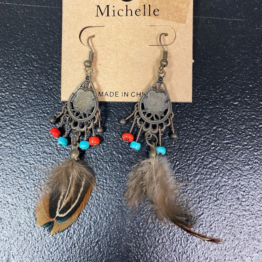 Michele Colorful Beaded Feather Earrings - Picture 1 of 3